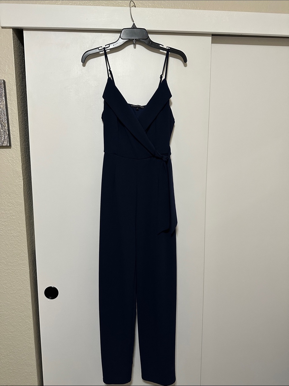 Three Hearts Navy Wrap-Front Spaghetti Strap Jumpsuit